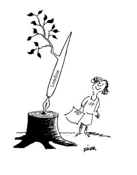 Cartoon treetrunk/pen/London
