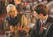 Usha Gandhi with a student at Bradford Grammar School