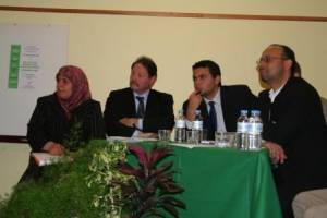 4 speakers of the Initiative Dialogue meeting, 25 February 2006, Elancourt, France: Mrs Meherzia Labidi, M. Christian Lochon, M. Aziz Senni and Bechir Labidi (from left to right)