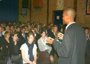 Musa Aliyu talking with pupils in Berkshire