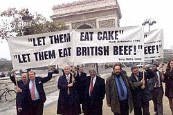 British politicians protest against the French ban on British beef in Paris in 1999
