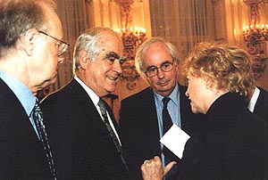 Peter Eigen (second left), founder of Transparency International, talks with investigating magistrate Eva Joly 