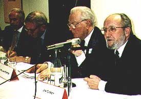 (left to right) Prof David Flint, Chairman of the Australian Broadcasting Authority; Lord Nolan, conference chairman;