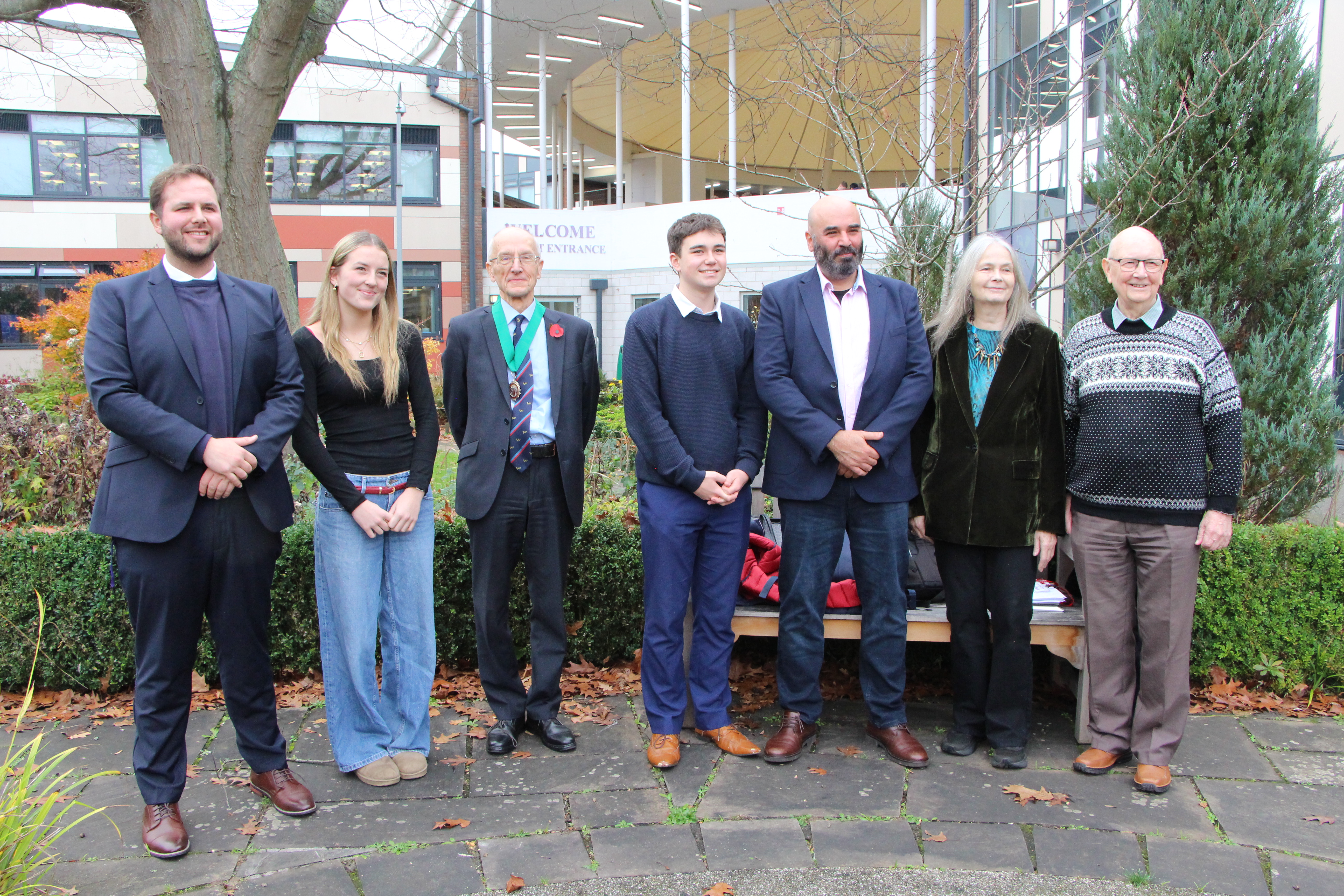 James Wilder (Head of Sixth Form), Katya Burgess (Head Girl), Tony Vickers (West Berks Council Chair), Charlie Gale (Head Boy), Imad Karam, Jo Berry and Howard Grace